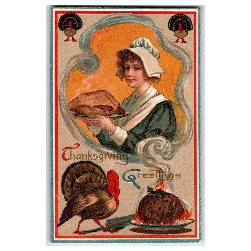 1909 Thanksgiving Pilgrim Woman Turkey Pudding RPO Postcard